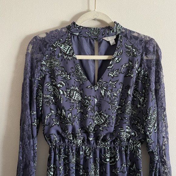 Belle+Sky Womn S Blue Floral Lace Detail Boho High Neck Cutout Tiered Maxi Dress - Picture 4 of 8